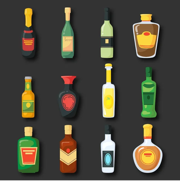 一套不同形状和颜色的酒瓶 在黑色背景上孤立的平面设计矢量图 — 图库矢量图片