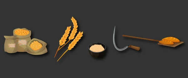 袋小麦粉と小麦の耳セット ライ麦 ライ麦 農業のシンボル 全体の茎 食品包装の有機菜食主義者の要素 ベクトル平図 — ストックベクタ