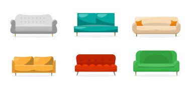 Beyaz arka planda yastıkları olan modern ve klasik kanepeler.