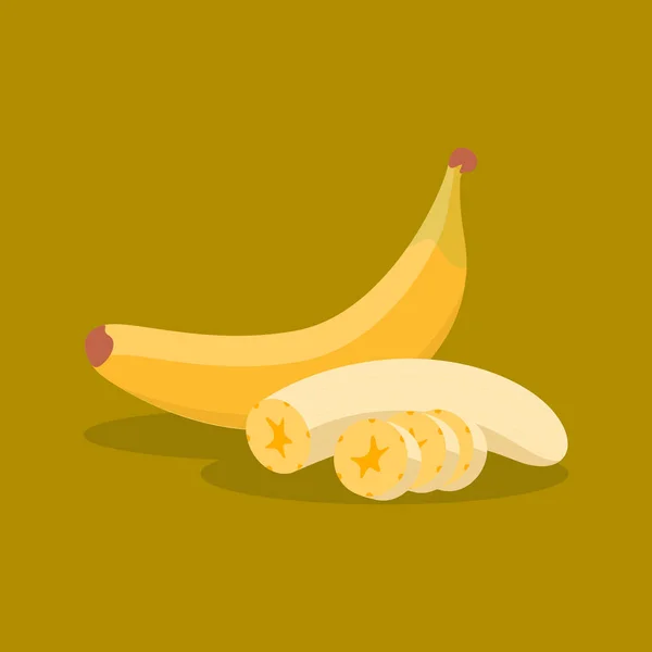 Tam ve dilimlenmiş muz. Sarı arkaplanda izole edilmiş sarı muz meyvesinin düz vektör çizimi