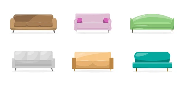 房子沙发 舒适的沙发简约的现代沙发豪华典雅的公寓家具 舒适的家用室内装饰沙发和枕头 平面向量隔离图例图标集 — 图库矢量图片