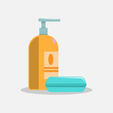 Şişedeki sıvı sabun mor arka planda izole edilmiş düz ikon. Düz bir sabun sembolü. Hijyen ürünleri Web ve mobil tasarım için Vektör illüstrasyonuName.