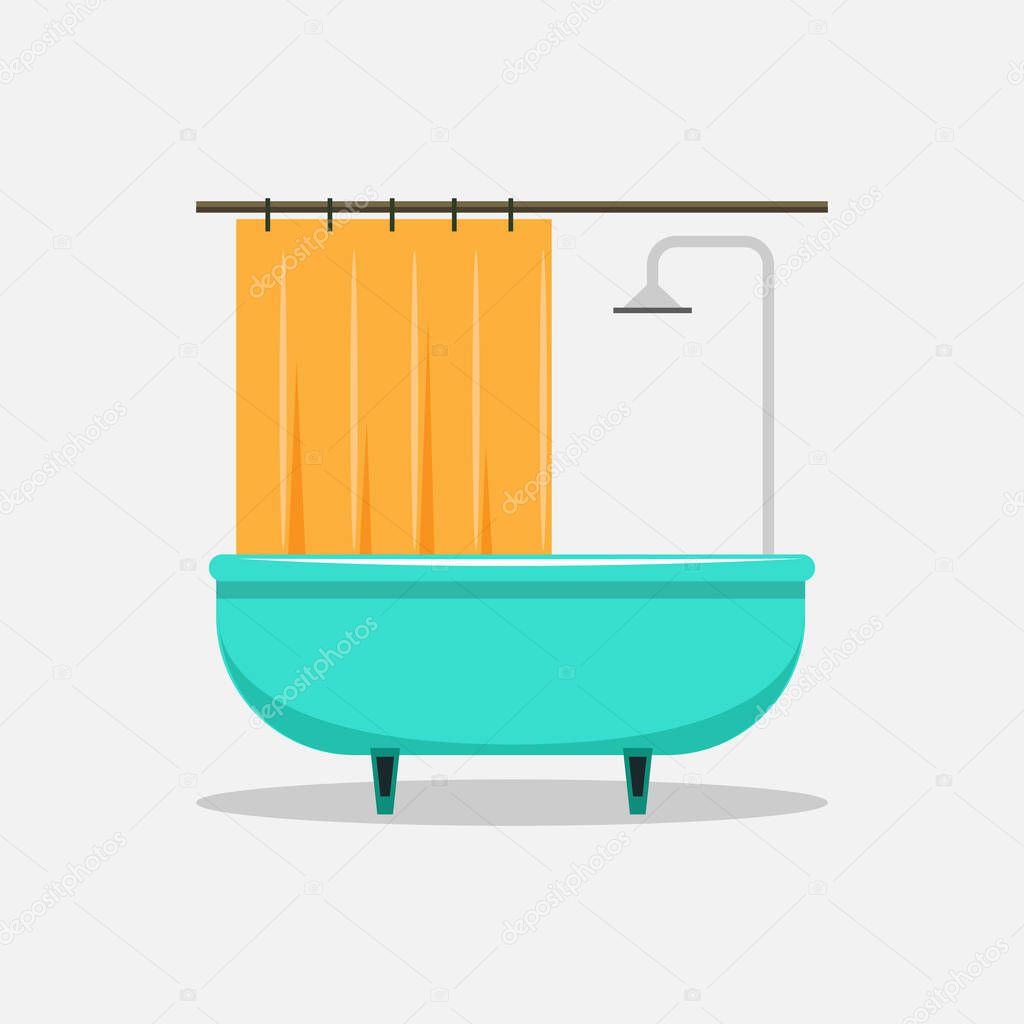 Bathroom empty illustration, flat cartoon bath and shower, bathtub clipart image