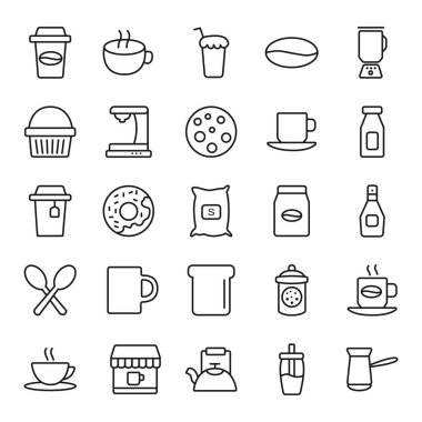 Kahve Vector Line Icons seti. Cezve, Kahve Makinesi, Fasulye ve daha pek çok ikon içeriyor. Barista ikonları hazır. Kahve ikonu paketi. Kahve Vektörü 'nün web tasarımları için barista vektör simgeleri kümesi