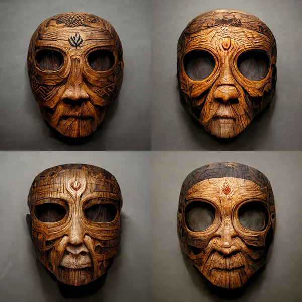 Wooden mask on wall. Ancient historical mask.
