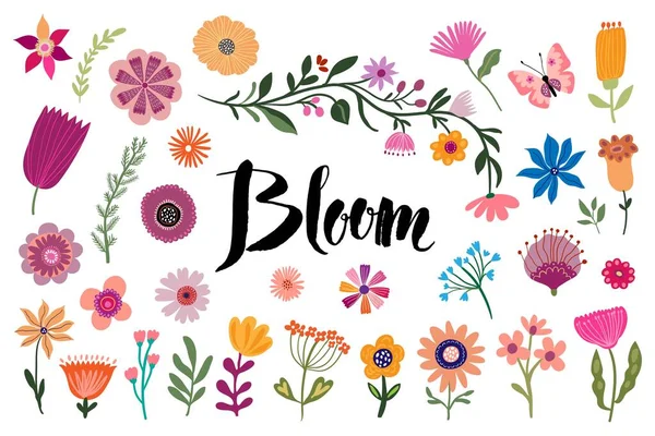Άνοιξη Καλοκαιρινή Συλλογή Λουλούδια Άνθιση Διαφορετικού Τύπου Λουλούδια Διακοσμητικό Σχεδιασμό Royalty Free Εικονογραφήσεις Αρχείου