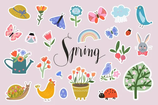Springtime Klistermärken Samling Med Specifika Dekorativa Element Och Handskrift Vektor Stockillustration