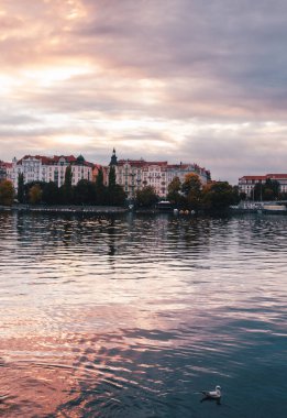 Prag 'ın tarihi kısmının dikey görüntüsü Vltava Nehri önplanda güzel bir günbatımında, mor dramatik gökyüzü ile akşam çekiliyor..