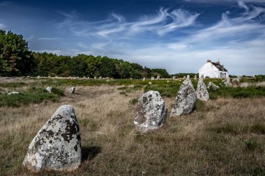 Antik Taş Sahası De Menhir Carnac Neolitik Megalitler ve Fransa 'nın Brittany kentindeki Eski Kulübe