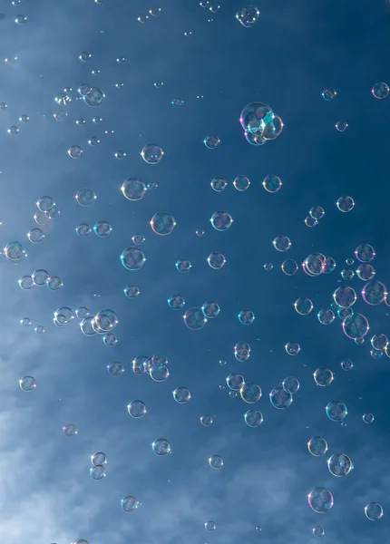 Numerous Colorful Soap Bubbles Float Mid Air Front Blue Sky — Stock Photo, Image