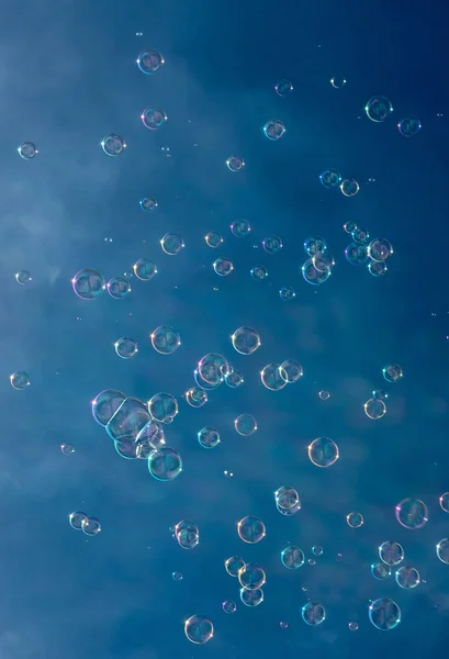 Talrijke Kleurrijke Zeepbellen Zweven Lucht Voorkant Van Blauwe Lucht — Stockfoto