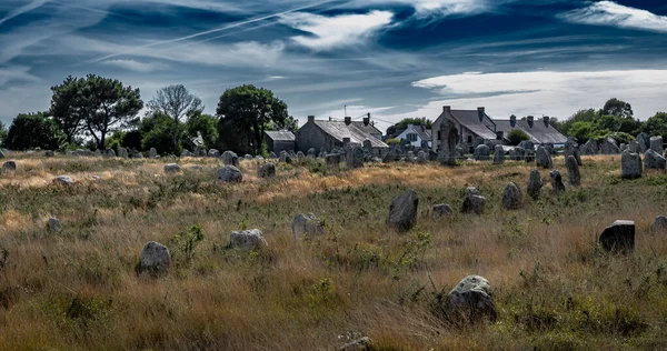 Ancient Stone Field Alignements Menhir Carnac Neolithic Megaliths Old Cottage Royalty Free Stock Images