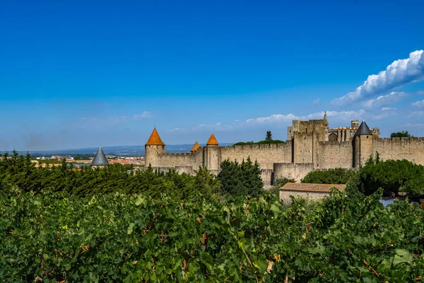 Fortaleza Antiga Espetacular Cidade Medieval Carcassonne Vinhedos Occitania França — Fotografia de Stock