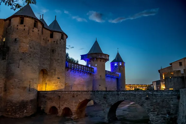 Spectacular Illuminated Ancient Fortress Medieval City Carcassonne Night Occitania France — Stock Photo, Image