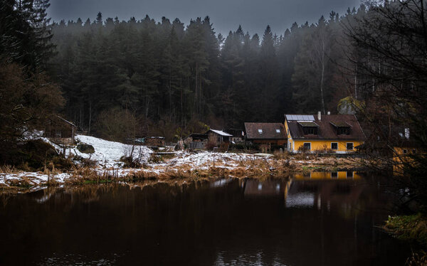 Old House At The Bank Of River Kamp And Misty Forest In Lower Austria (Waldviertel) In Austria