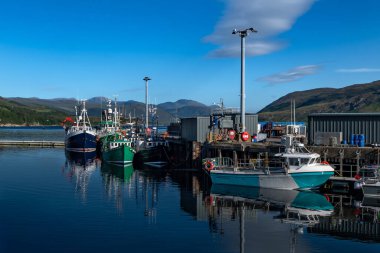 İskoçya 'nın Atlantik kıyısındaki Ullapool köyünde tekneleri olan liman.