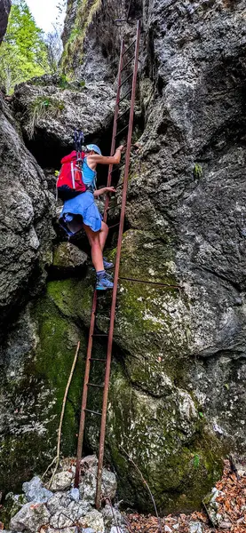 Via Ferrata 'daki Genç Kadın Avusturya' daki Alplerde Dağ Rax 'ında merdivenle