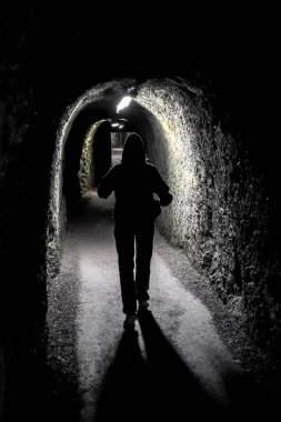 Karanlık Dar Yeraltı Koridoru 'nda Yürüyen Tek Bir Kişinin Silüeti Neon Işıklarıyla Aydınlanan Ürkütücü Koridor