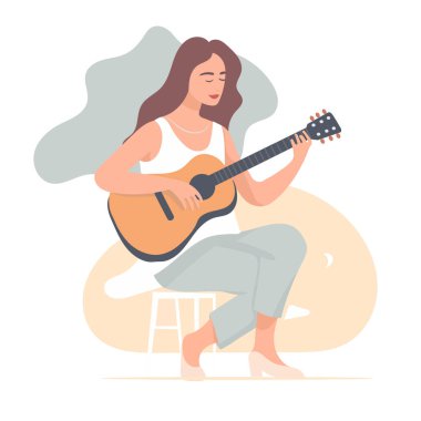 Gitar çalan kız, düz stil vektör çizimi
