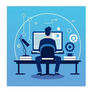 Mavi tonda bilgisayar başında çalışan bir adamın düz vektör çizimi