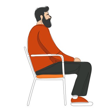 Sandalyede oturan sakallı bir adam. Doğrusal biçimdeki vektör illüstrasyonu