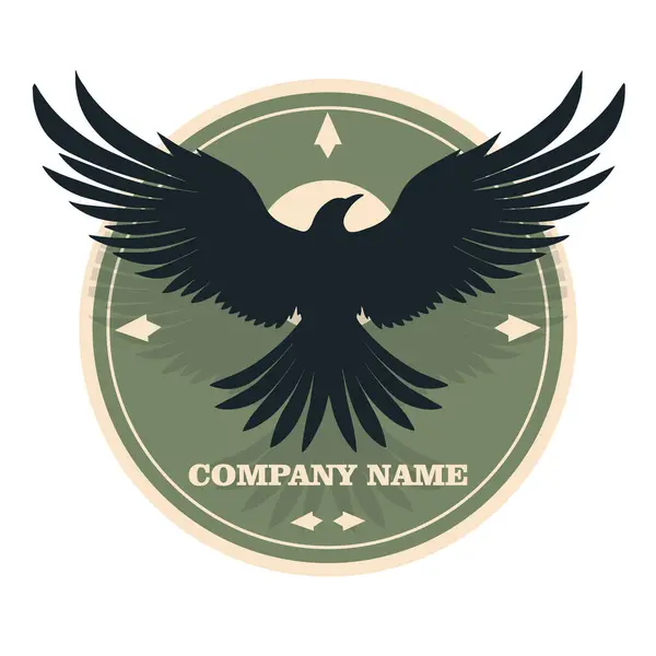 Gururlu kuzgun kuş, kartal kanatlarını yeşil arka planda açtı. Logo, amblem, vektör çizimi
