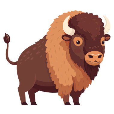 Beyaz arka planda izole edilmiş şirin çizgi roman bizonu. Çocuk kitapları, logo tasarımı, tişört grafikleri ve diğer tasarım projeleri için mükemmel. Vektör illüstrasyonu.