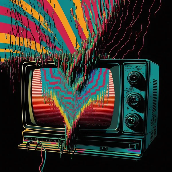 Retro TV with colorful stripes. Illustration with TV 80s, 90s. Futuristic illustration. Realistic volumetric illustration. Vintage TV.