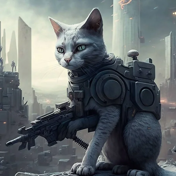 Military cat from the future. Futuristic illustration. Realistic volumetric illustration. Cat soldier.