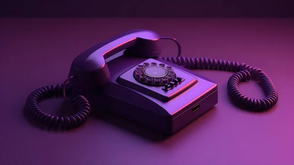 Illustration - 3d phone on purple background. Futuristic illustration. Retro style. Futuristic vintage. Telephone.