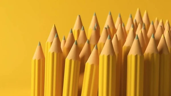 3D Illustration - sarı arka planda sarı kalemler. Üç boyutlu çizim. Doku sarısı arka plan. Asgari fikir kavramı.