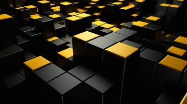 Çizim - siyah ve sarı çok boyutlu küplerle soyut üç boyutlu arkaplan. Üç boyutlu çizim. Soyut resimleme.