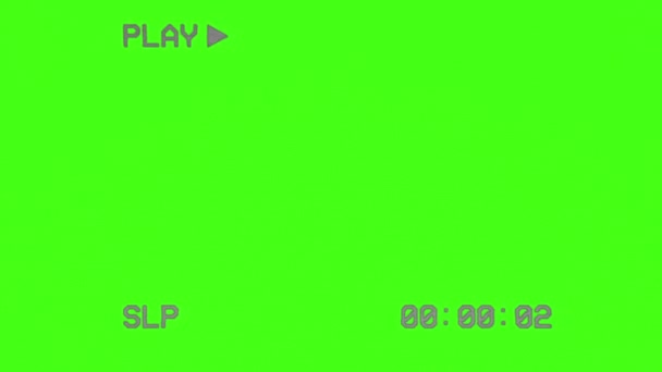 Playテキストとタイムコードが付いている緑のテレビ画面 レトロ 80年代 90年代 緑色のスクリーンにキネスコが付いている古いテレビの効果 オーバーレイに最適 グリッチエフェクト — ストック動画
