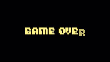 Animasyon piksel- stili Game Over metni. Geçmişe dönük video oyunları, oyun tanıtımları, YouTube içeriği ve atari merkezli video projeleri için mükemmel. Nostaljik pikselli klasik estetik..