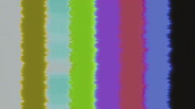 Vintage SMPTE test screen combined with VHS-style glitches, signal distortion, and flickering light effects. Retro color calibration bars with dynamic noise and analog interference. Perfect for nostalgic video projects, glitch overlays, retro intros