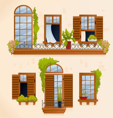 Klasik ev balkonu. İki kat, güzel oyulmuş pencereler, çiçek yatakları ve ikinci kat vektör illüstrasyonunda büyük bir balkon.