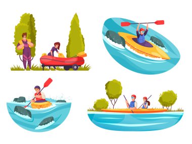 Yaz aylarında rafting ikonları, izole edilmiş vektör illüstrasyonları sırasında insanlarla birlikte kurulur.