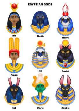 Mısır tanrıları, Anubis oziris ison ra ve diğer mitolojik yaratıkların çizimleri ile izole edilmiş avatarlarla kurulmuştur.
