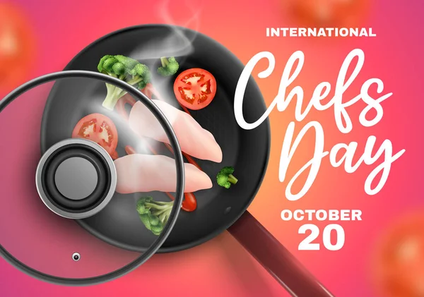 Internationale Chef Koks Dagsamenstelling Kippenborsten Met Groenten Gestoofd Een Pan — Stockvector