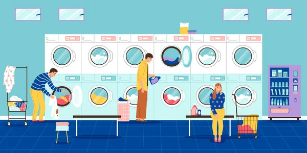 Self service laundry interior with people using washing machines flat vector illustration
