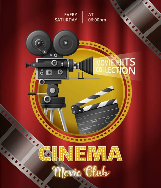 Ρεαλιστικό Πρότυπο Αφίσα Λέσχη Κινηματογράφου Ταινίες Camcorder Clapper Κόκκινο Φόντο — Διανυσματικό Αρχείο