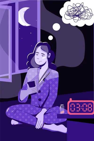 Alvászavar Álmatlanság Függőleges Összetétele Beltéri 3Am Táj Boldogtalan Lány Ébren — Stock Vector