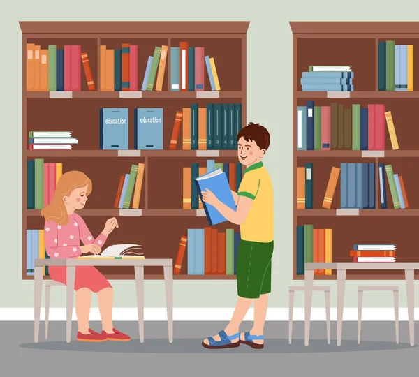 Детские Услуги Плоская Композиция Детьми Библиотечной Векторной Иллюстрации — стоковый вектор