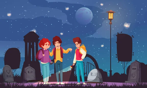 Barn Skräckhistoria Affisch Med Tonåringar Kyrkogården Natten Tecknad Vektor Illustration — Stock vektor