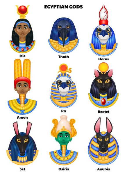 Divinità Egizie Con Avatar Isolati Anubis Osiris Isis Amon Altre — Vettoriale Stock