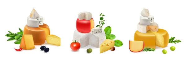 三个现实的奶酪组合设置头和切片奶酪装饰橄榄香草西红柿和辣椒病媒插图 — 图库矢量图片