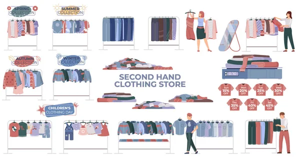 Second Hand Kleidung Set Mit Bekleidungsgeschäft Symbole Flache Isolierte Vektorillustration — Stockvektor
