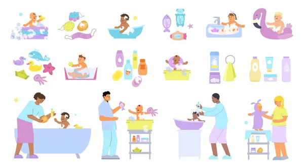 赤ちゃんの入浴時間は 赤ちゃんの大人と衛生的な製品のベクトル図の文字と孤立したアイコンのフラットセット — ストックベクタ