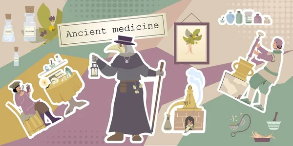 Forntida Medicin Platt Sammansättning Med Collage Bilder Mänskliga Karaktärer Healers — Stock vektor