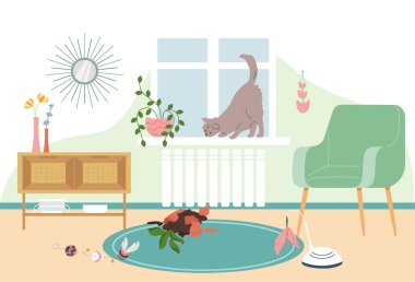 Kedi aksesuarları. Oturma odası mobilyalarının manzarası ve kedi vektör çizimi ile kırılan saksılar.